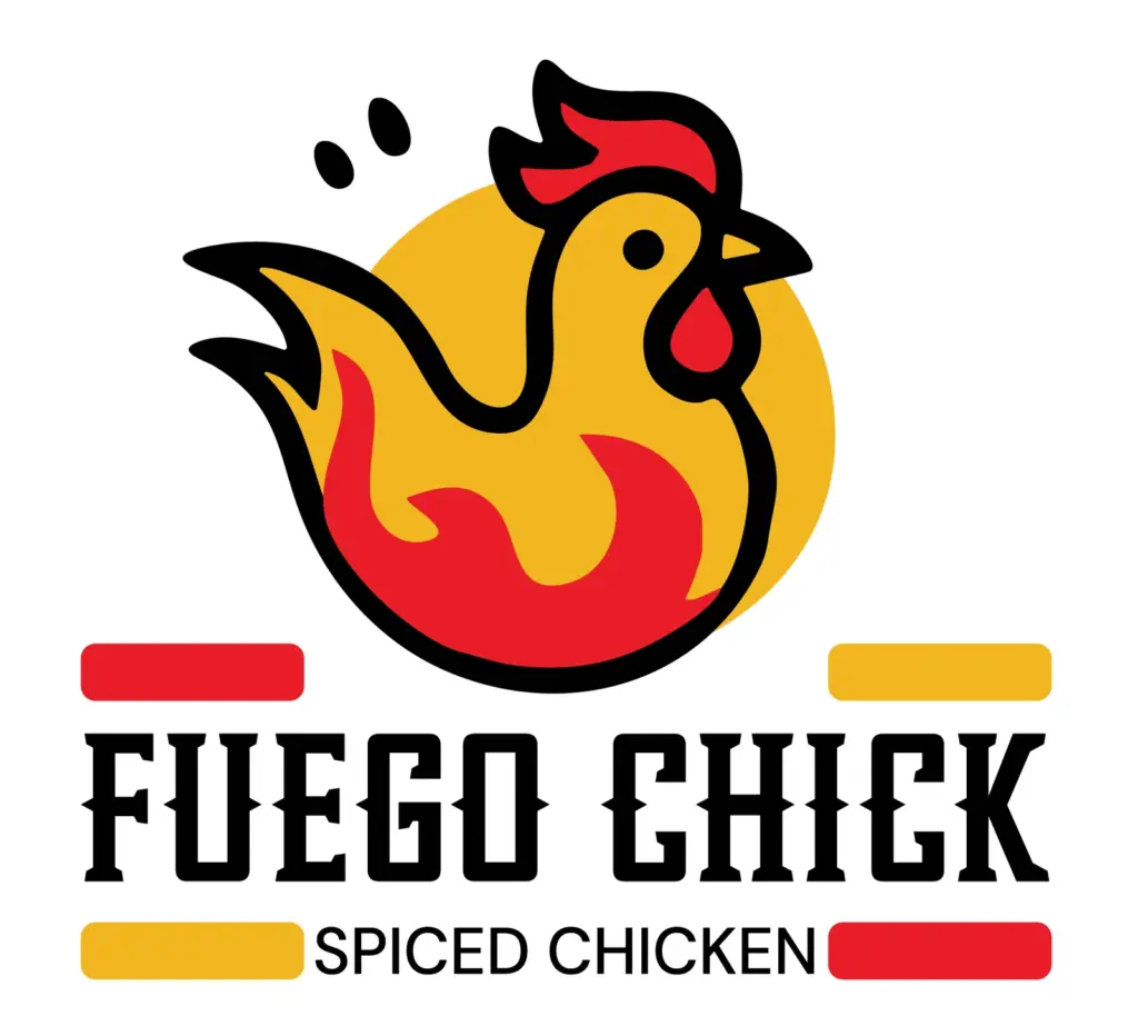 Logo Fuego Chick: un pollo rosso e giallo sopra il nome.