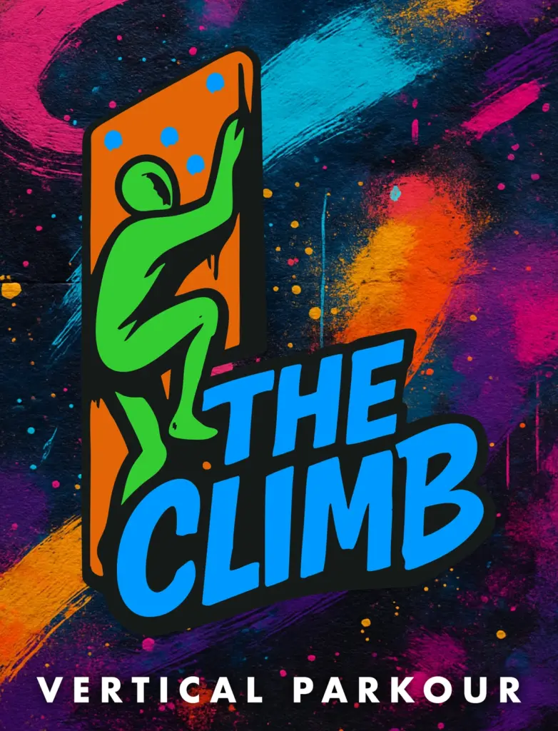 Grafica The Climb, Vertical Parkour, con una figura in arrampicata e colori vivaci.